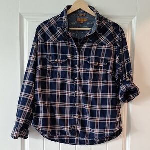 Jachs Girlfriend Blue and White Western Paisley Plaid Button-Up Flannel Shirt Lg